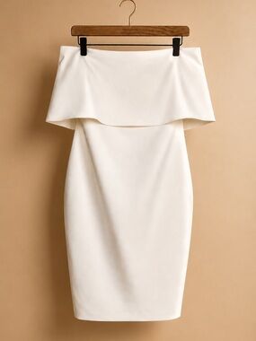 LIKELY Driggs NWT White Off Shoulder Midi Dress Size 8 Bridal Cocktail Bodycon